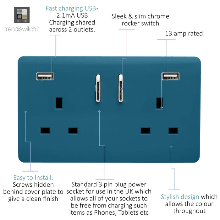 Trendi, Artistic Modern 2 Gang USB 2x3.1mAH Plug Socket Ocean Blue Finish, BRITISH MADE, (35mm Back Box Required), 5yrs Warranty • ART-SKT213USB31AAOB