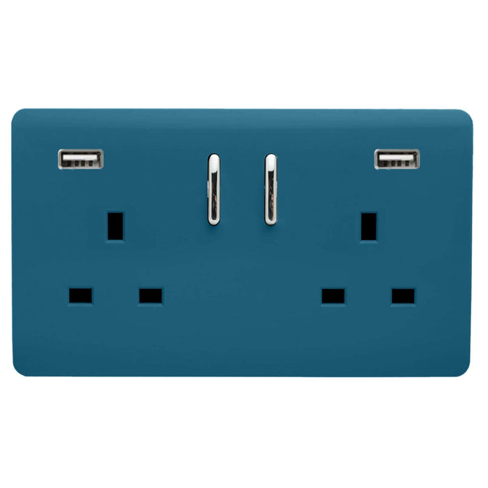 Trendi, Artistic Modern 2 Gang USB 2x3.1mAH Plug Socket Ocean Blue Finish, BRITISH MADE, (35mm Back Box Required), 5yrs Warranty • ART-SKT213USB31AAOB