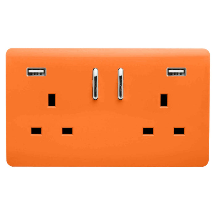 Trendi, Artistic Modern 2 Gang USB 2x3.1mAH Plug Socket Orange Finish, BRITISH MADE, (35mm Back Box Required), 5yrs Warranty • ART-SKT213USB31AAOR