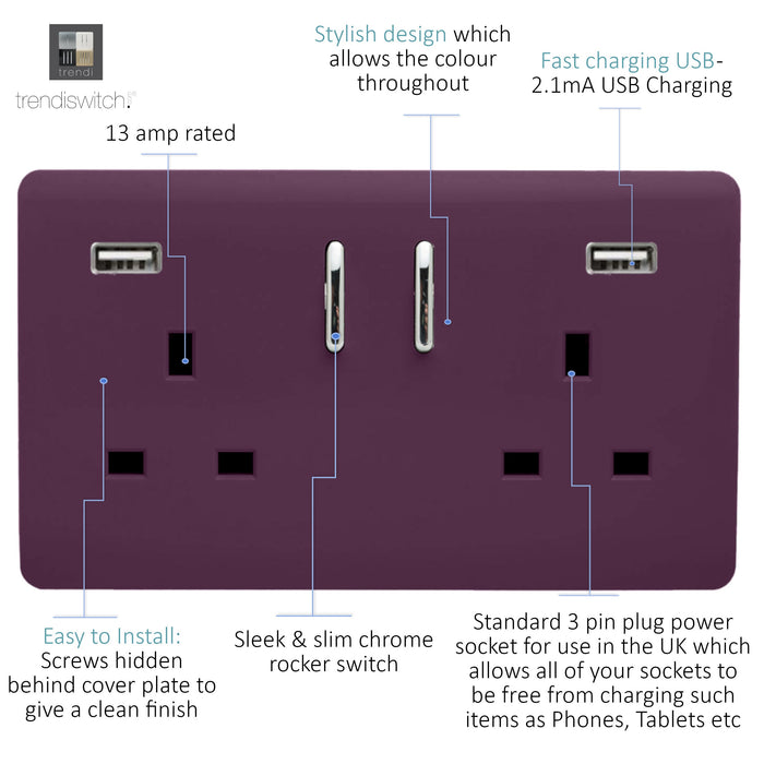 Trendi, Artistic Modern 2 Gang USB 2x3.1mAH Plug Socket Plum Finish, BRITISH MADE, (35mm Back Box Required), 5yrs Warranty • ART-SKT213USB31AAPL