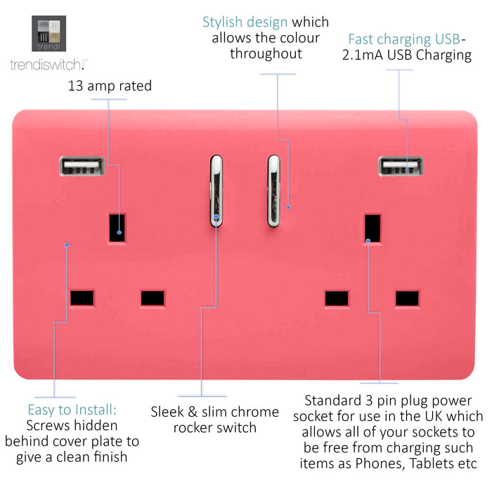 Trendi, Artistic Modern 2 Gang USB 2x3.1mAH Plug Socket Strawberry Finish, BRITISH MADE, (35mm Back Box Required), 5yrs Warranty • ART-SKT213USB31AASB