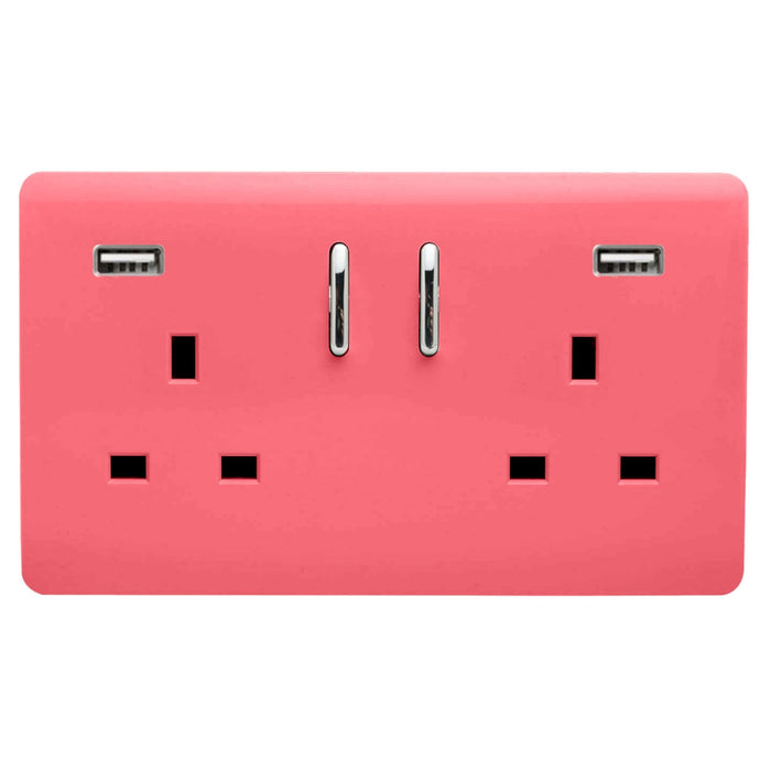 Trendi, Artistic Modern 2 Gang USB 2x3.1mAH Plug Socket Strawberry Finish, BRITISH MADE, (35mm Back Box Required), 5yrs Warranty • ART-SKT213USB31AASB