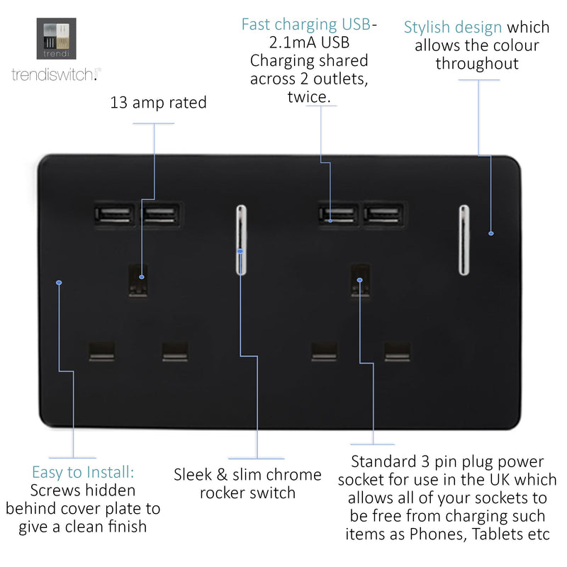 Trendi, Artistic Modern 2 Gang 13Amp Switched Double Socket With 4X 2.1Mah USB Gloss Black Finish, BRITISH MADE, (45mm Back Box Required) 5yrs Wrnty • ART-SKT213USBBK