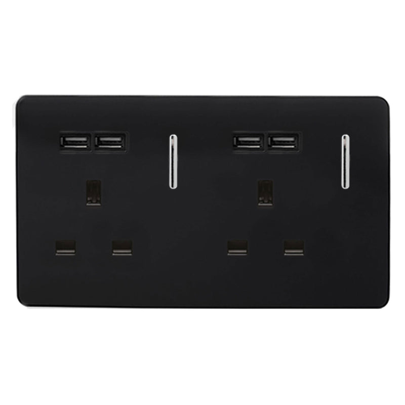 Trendi, Artistic Modern 2 Gang 13Amp Switched Double Socket With 4X 2.1Mah USB Gloss Black Finish, BRITISH MADE, (45mm Back Box Required) 5yrs Wrnty • ART-SKT213USBBK