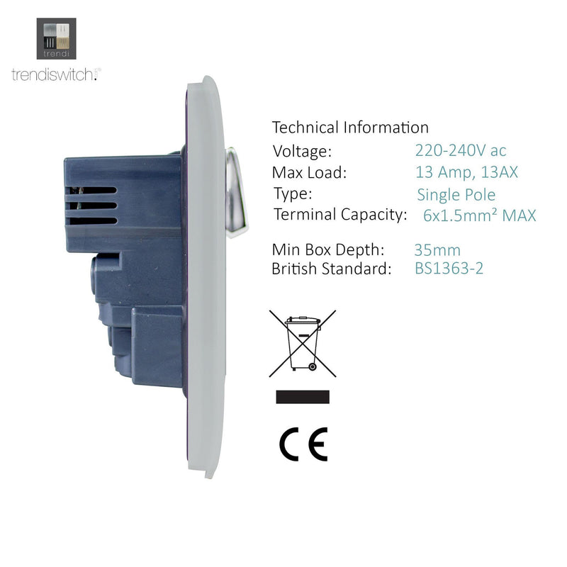 Trendi, Artistic 2 Gang 13Amp Switched Double Socket With 4X 2.1Mah USB Brushed Steel Finish, BRITISH MADE, (45mm Back Box Required), 5yrs Warranty • ART-SKT213USBBS