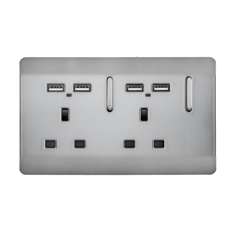 Trendi, Artistic 2 Gang 13Amp Switched Double Socket With 4X 2.1Mah USB Brushed Steel Finish, BRITISH MADE, (45mm Back Box Required), 5yrs Warranty • ART-SKT213USBBS