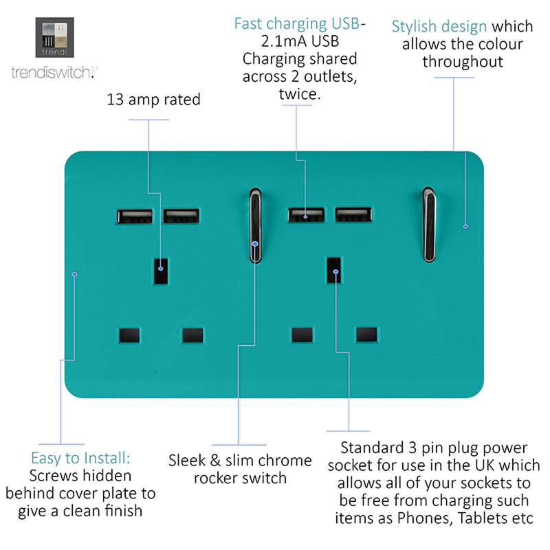Trendi, Artistic 2 Gang 13Amp Switched Double Socket With 4X 2.1Mah USB Bright Teal Finish, BRITISH MADE, (45mm Back Box Required), 5yrs Warranty • ART-SKT213USBBT