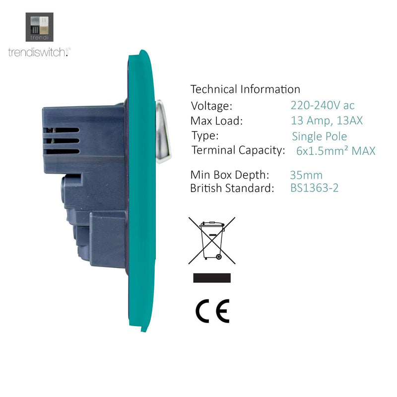 Trendi, Artistic 2 Gang 13Amp Switched Double Socket With 4X 2.1Mah USB Bright Teal Finish, BRITISH MADE, (45mm Back Box Required), 5yrs Warranty • ART-SKT213USBBT