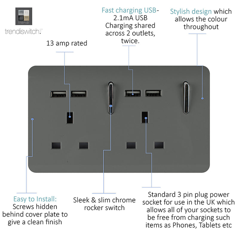 Trendi, Artistic 2 Gang 13Amp Switched Double Socket With 4X 2.1Mah USB Charcoal Finish, BRITISH MADE, (45mm Back Box Required), 5yrs Warranty • ART-SKT213USBCH