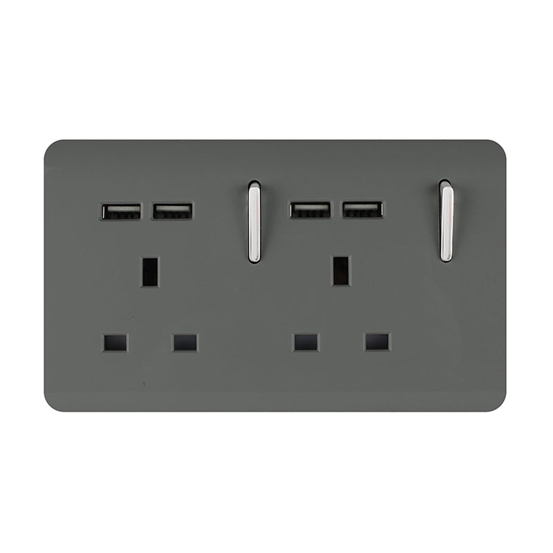 Trendi, Artistic 2 Gang 13Amp Switched Double Socket With 4X 2.1Mah USB Charcoal Finish, BRITISH MADE, (45mm Back Box Required), 5yrs Warranty • ART-SKT213USBCH