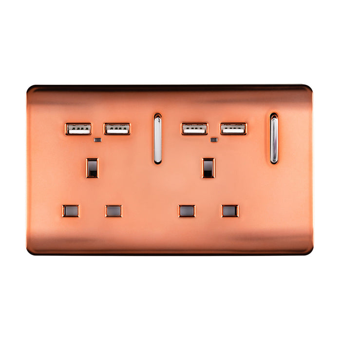 Trendi, Artistic Modern 2 Gang 13Amp Switched Double Socket With 4X 2.1Mah USB Copper Finish, BRITISH MADE, (45mm Back Box Required), 5yrs Warranty • ART-SKT213USBCPR