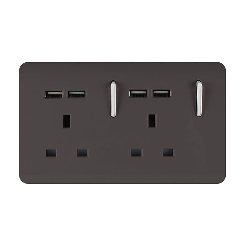 Trendi, Artistic 2 Gang 13Amp Switched Double Socket With 4X 2.1Mah USB Dark Brown Finish, BRITISH MADE, (45mm Back Box Required), 5yrs Warranty • ART-SKT213USBDB