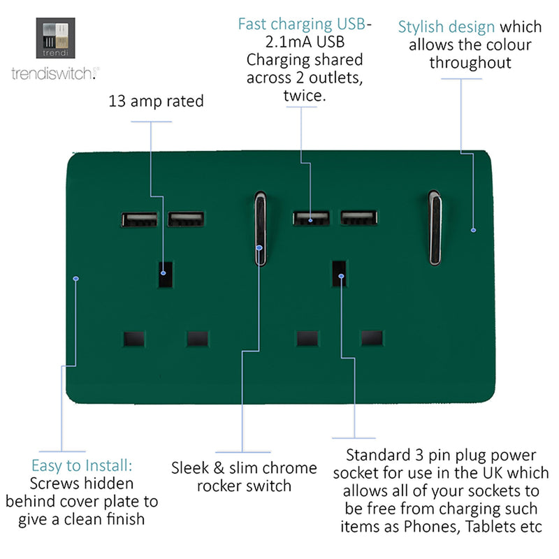 Trendi, Artistic 2 Gang 13Amp Switched Double Socket With 4X 2.1Mah USB Dark Green Finish, BRITISH MADE, (45mm Back Box Required), 5yrs Warranty • ART-SKT213USBDG