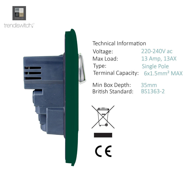 Trendi, Artistic 2 Gang 13Amp Switched Double Socket With 4X 2.1Mah USB Dark Green Finish, BRITISH MADE, (45mm Back Box Required), 5yrs Warranty • ART-SKT213USBDG