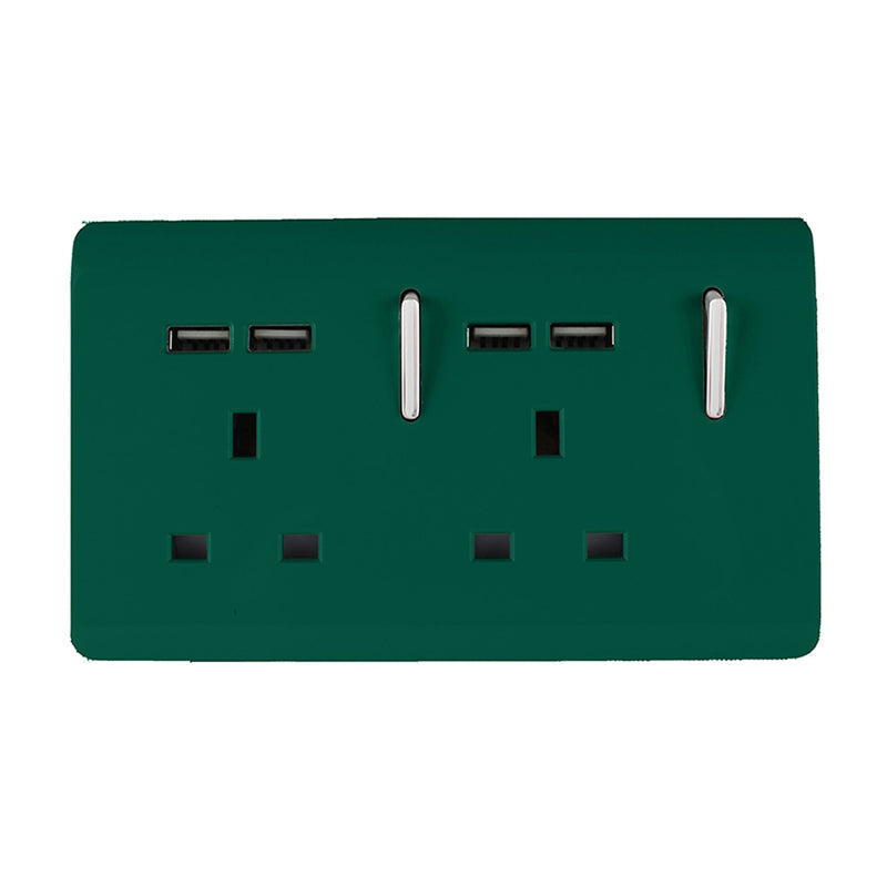 Trendi, Artistic 2 Gang 13Amp Switched Double Socket With 4X 2.1Mah USB Dark Green Finish, BRITISH MADE, (45mm Back Box Required), 5yrs Warranty • ART-SKT213USBDG