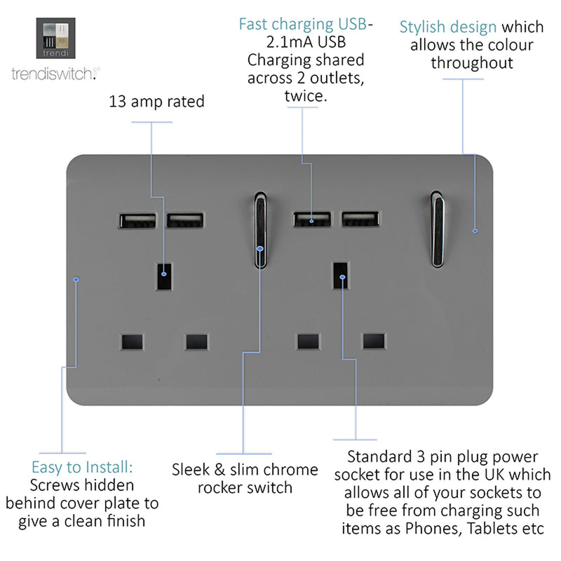 Trendi, Artistic 2 Gang 13Amp Switched Double Socket With 4X 2.1Mah USB Light Grey Finish, BRITISH MADE, (45mm Back Box Required), 5yrs Warranty • ART-SKT213USBLG