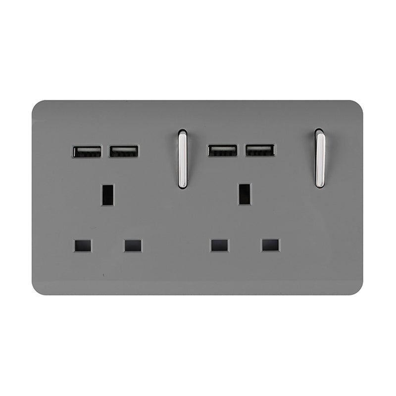 Trendi, Artistic 2 Gang 13Amp Switched Double Socket With 4X 2.1Mah USB Light Grey Finish, BRITISH MADE, (45mm Back Box Required), 5yrs Warranty • ART-SKT213USBLG