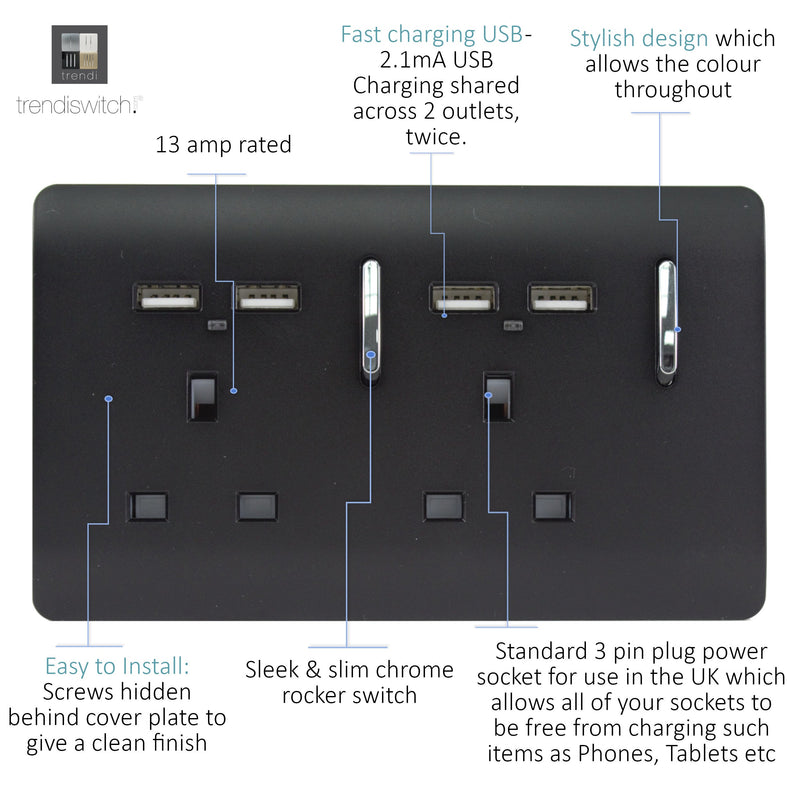 Trendi, Artistic Modern 2 Gang 13Amp Switched Double Socket With 4X 2.1Mah USB Matt Black Finish, BRITISH MADE, (45mm Back Box Required) 5yrs Warranty • ART-SKT213USBMBK