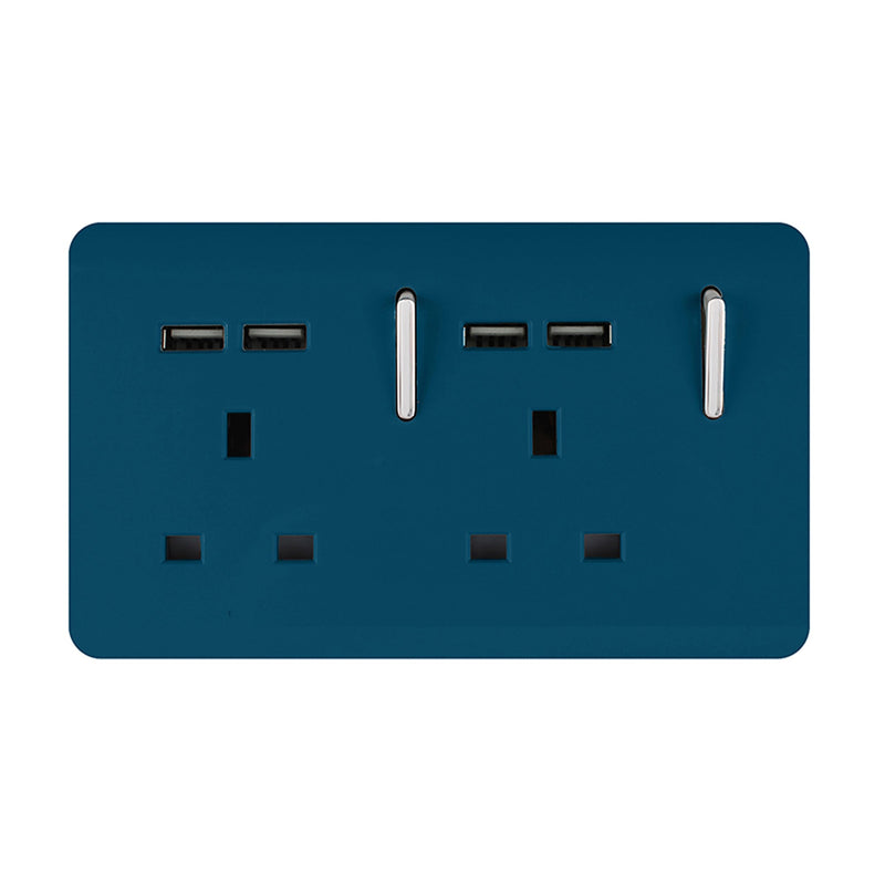 Trendi, Artistic 2 Gang 13Amp Switched Double Socket With 4X 2.1Mah USB Midnight Blue Finish, BRITISH MADE, (45mm Back Box Required), 5yrs Warranty • ART-SKT213USBMD