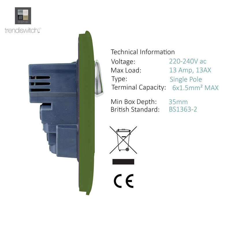 Trendi, Artistic 2 Gang 13Amp Switched Double Socket With 4X 2.1Mah USB Moss Green Finish, BRITISH MADE, (45mm Back Box Required), 5yrs Warranty • ART-SKT213USBMG