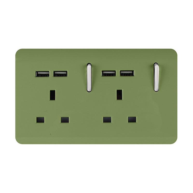 Trendi, Artistic 2 Gang 13Amp Switched Double Socket With 4X 2.1Mah USB Moss Green Finish, BRITISH MADE, (45mm Back Box Required), 5yrs Warranty • ART-SKT213USBMG