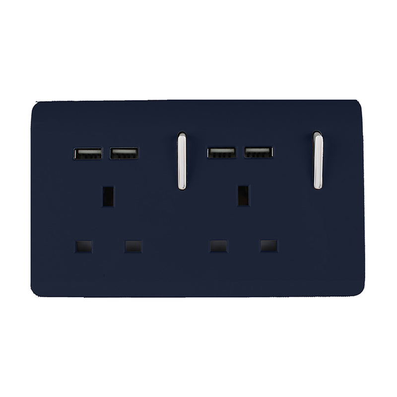 Trendi, Artistic Modern 2 Gang 13A Switched Double Socket With 4X 2.1Mah USB Navy Blue Finish, BRITISH MADE, (45mm Back Box Required), 5yrs Warranty • ART-SKT213USBNV