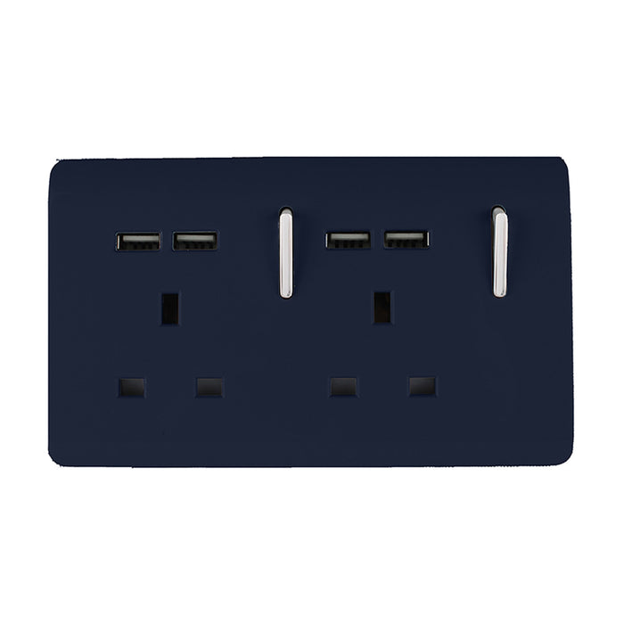 Trendi, Artistic Modern 2 Gang 13A Switched Double Socket With 4X 2.1Mah USB Navy Blue Finish, BRITISH MADE, (45mm Back Box Required), 5yrs Warranty • ART-SKT213USBNV