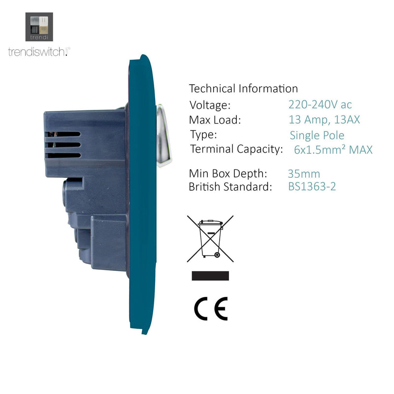 Trendi, Artistic 2 Gang 13Amp Switched Double Socket With 4X 2.1Mah USB Ocean Blue Finish, BRITISH MADE, (45mm Back Box Required), 5yrs Warranty • ART-SKT213USBOB