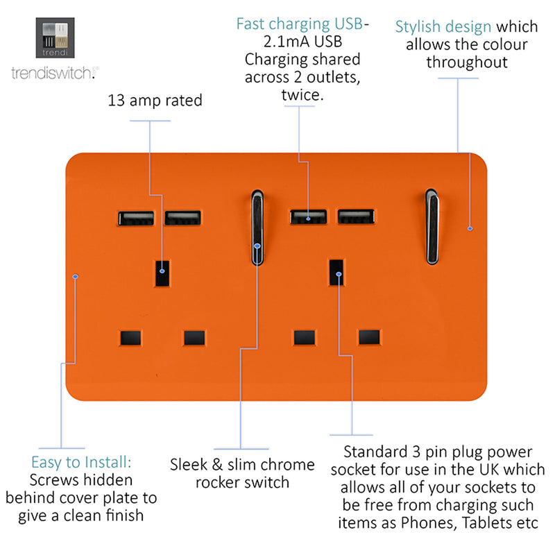 Trendi, Artistic 2 Gang 13Amp Switched Double Socket With 4X 2.1Mah USB Orange Finish, BRITISH MADE, (45mm Back Box Required), 5yrs Warranty • ART-SKT213USBOR