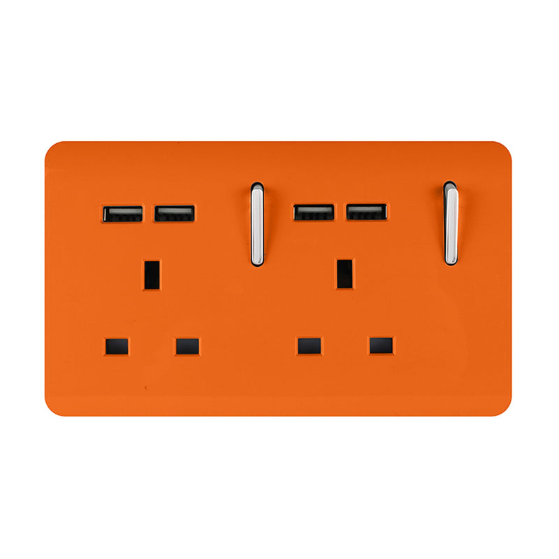 Trendi, Artistic 2 Gang 13Amp Switched Double Socket With 4X 2.1Mah USB Orange Finish, BRITISH MADE, (45mm Back Box Required), 5yrs Warranty • ART-SKT213USBOR