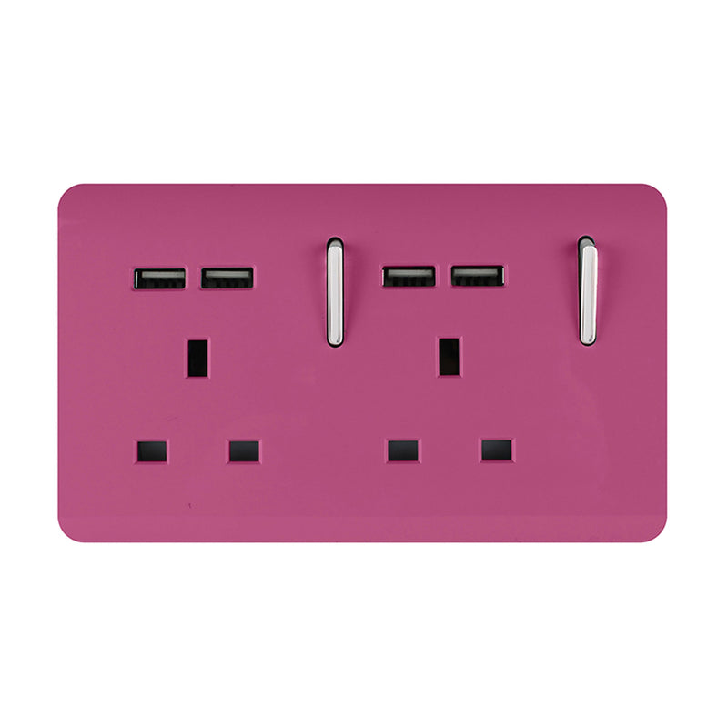 Trendi, Artistic 2 Gang 13Amp Switched Double Socket With 4X 2.1Mah USB Pink Finish, BRITISH MADE, (45mm Back Box Required), 5yrs Warranty • ART-SKT213USBPK