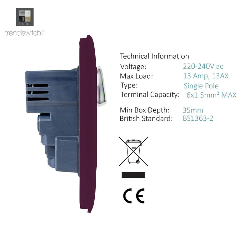 Trendi, Artistic 2 Gang 13Amp Switched Double Socket With 4X 2.1Mah USB Plum Finish, BRITISH MADE, (45mm Back Box Required), 5yrs Warranty • ART-SKT213USBPL