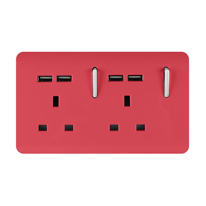 Trendi, Artistic 2 Gang 13Amp Switched Double Socket With 4X 2.1Mah USB Strawberry Finish, BRITISH MADE, (45mm Back Box Required), 5yrs Warranty • ART-SKT213USBSB