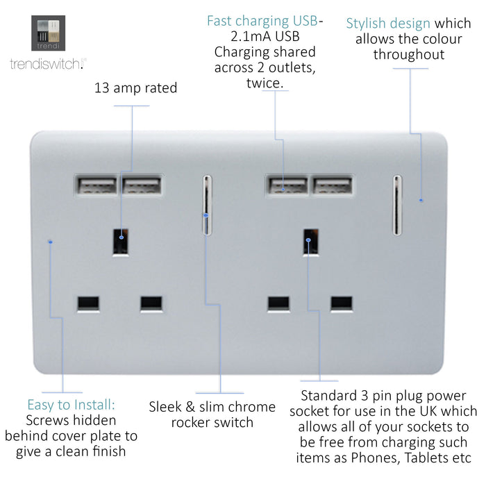 Trendi, Artistic Modern 2 Gang 13Amp Switched Double Socket With 4X 2.1Mah USB Silver Finish, BRITISH MADE, (45mm Back Box Required), 5yrs Warranty • ART-SKT213USBSI