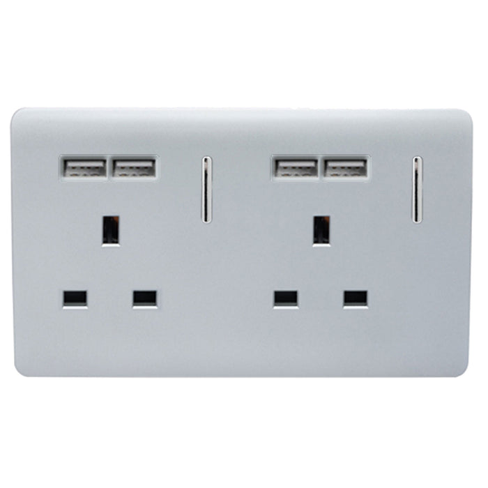 Trendi, Artistic Modern 2 Gang 13Amp Switched Double Socket With 4X 2.1Mah USB Silver Finish, BRITISH MADE, (45mm Back Box Required), 5yrs Warranty • ART-SKT213USBSI