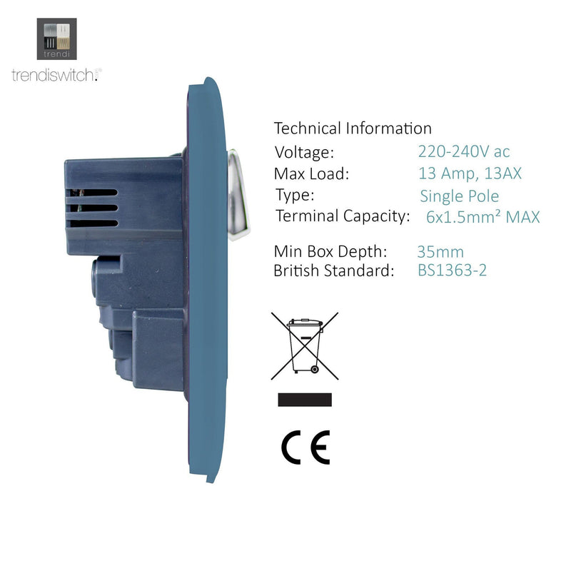 Trendi, Artistic 2 Gang 13Amp Switched Double Socket With 4X 2.1Mah USB Sky Finish, BRITISH MADE, (45mm Back Box Required), 5yrs Warranty • ART-SKT213USBSK