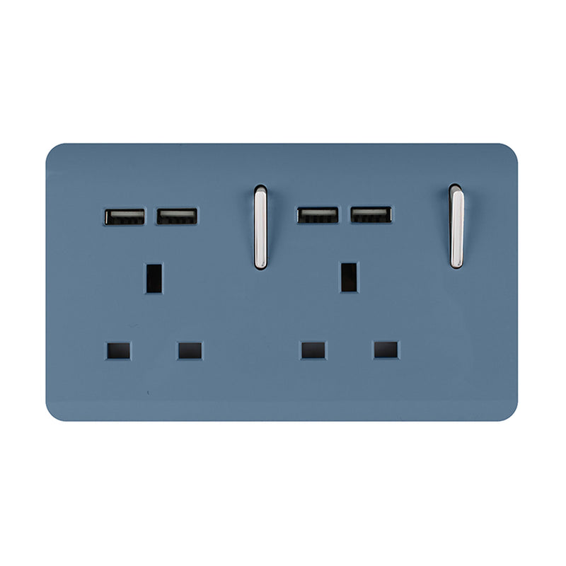 Trendi, Artistic 2 Gang 13Amp Switched Double Socket With 4X 2.1Mah USB Sky Finish, BRITISH MADE, (45mm Back Box Required), 5yrs Warranty • ART-SKT213USBSK