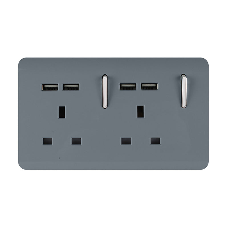 Trendi, Artistic 2 Gang 13Amp Switched Double Socket With 4X 2.1Mah USB Warm Grey Finish, BRITISH MADE, (45mm Back Box Required), 5yrs Warranty • ART-SKT213USBWG