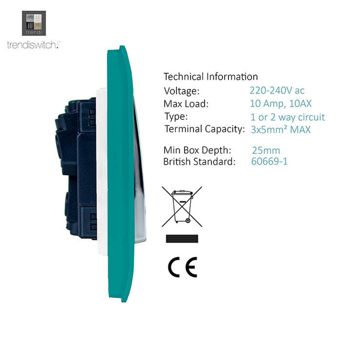 Trendi, Artistic Modern 1 Gang 2 Way 10 Amp Rocker Bright Teal Finish, BRITISH MADE, (25mm Back Box Required), 5yrs Warranty • ART-SS2BT