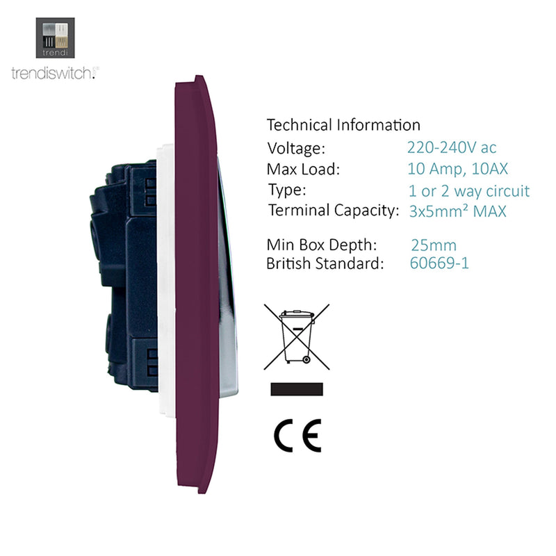 Trendi, Artistic Modern 1 Gang 3 Way Intermediate Plum Finish, BRITISH MADE, (25mm Back Box Required), 5yrs Warranty • ART-SS9PL