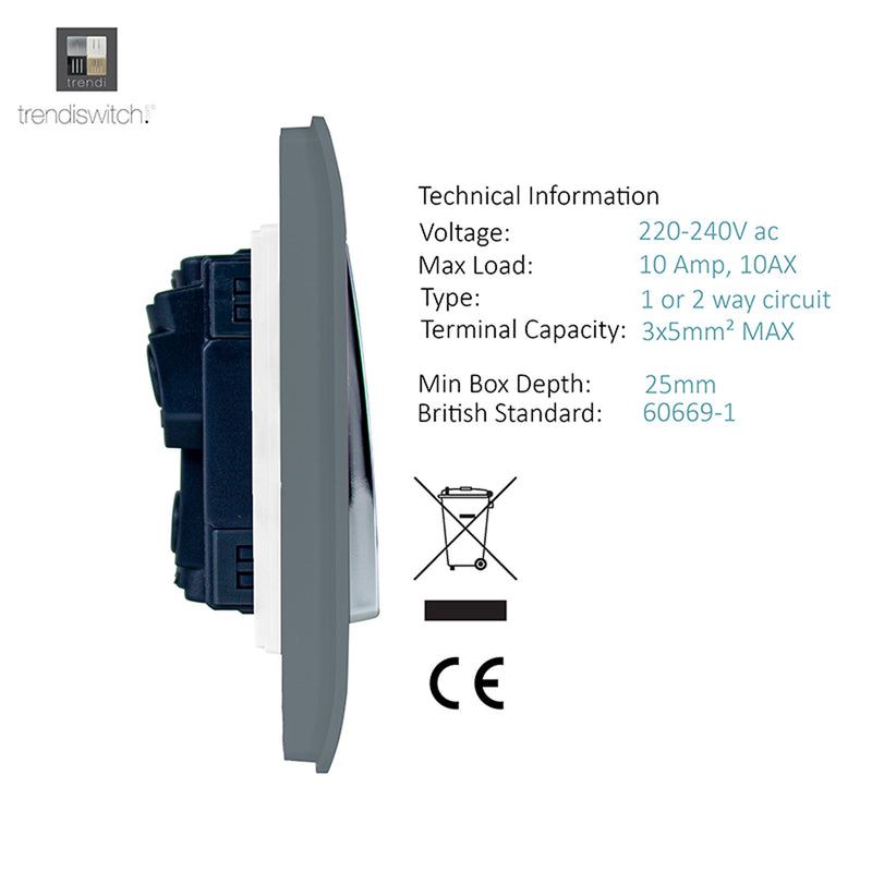 Trendi, Artistic Modern 1 Gang 3 Way Intermediate Warm Grey Finish, BRITISH MADE, (25mm Back Box Required), 5yrs Warranty • ART-SS9WG