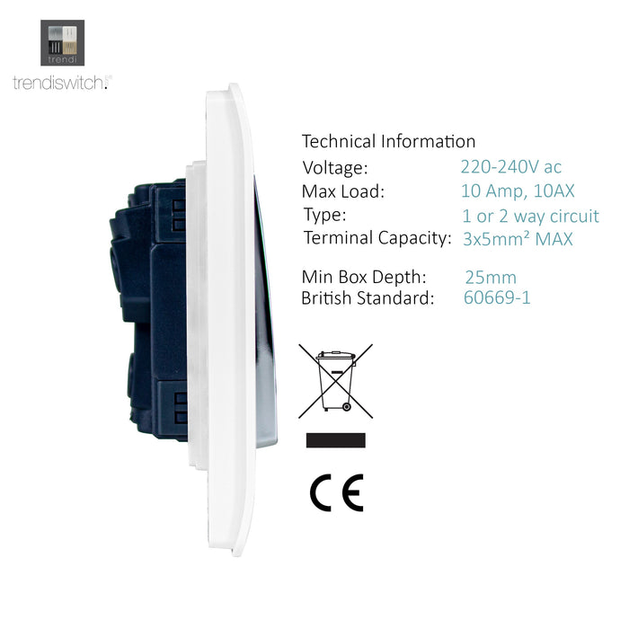 Trendi, Artistic Modern 1 Gang 3 Way Intermediate Gloss White Finish, BRITISH MADE, (25mm Back Box Required), 5yrs Warranty • ART-SS9WH