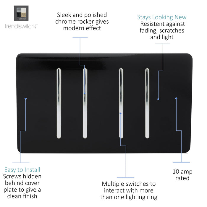 Trendi, Artistic Modern 4 Gang  (1x 2 Way 3x 3 Way Intermediate Twin Plate) Gloss Black, BRITISH MADE, (25mm Back Box Required), 5yrs Warranty • ART-SS2999BK