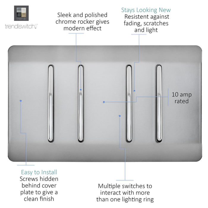 Trendi, Artistic Modern 4 Gang  (1x 2 Way 3x 3 Way Intermediate Twin Plate) Brushed Steel, BRITISH MADE, (25mm Back Box Required), 5yrs Warranty • ART-SS2999BS