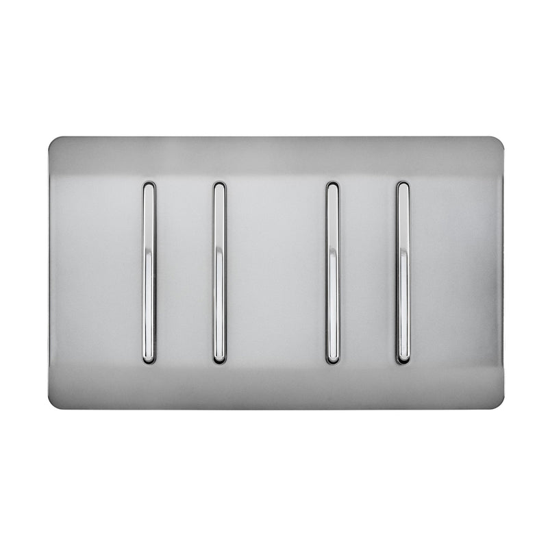 Trendi, Artistic Modern 4 Gang (4xIntermediate) 10 Amp Rocker Brushed Steel Finish, BRITISH MADE, (25mm Back Box Required), 5yrs Warranty • ART-SS9999BS