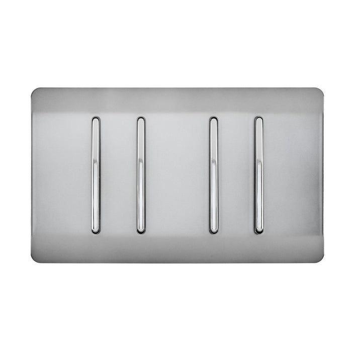 Trendi, Artistic Modern 4 Gang  (1x 2 Way 3x 3 Way Intermediate Twin Plate) Brushed Steel, BRITISH MADE, (25mm Back Box Required), 5yrs Warranty • ART-SS2999BS