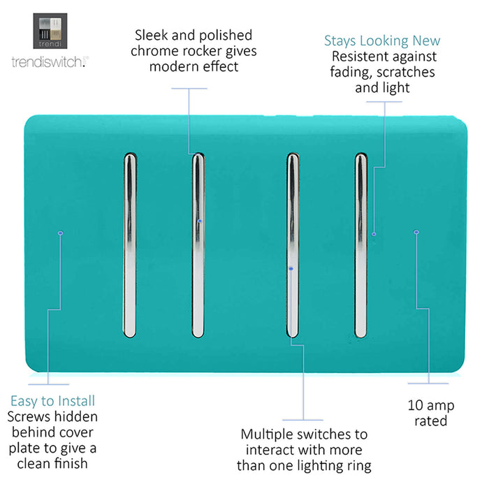 Trendi, Artistic Modern 4 Gang  (1x 2 Way 3x 3 Way Intermediate Twin Plate) Bright Teal, BRITISH MADE, (25mm Back Box Required), 5yrs Warranty • ART-SS2999BT