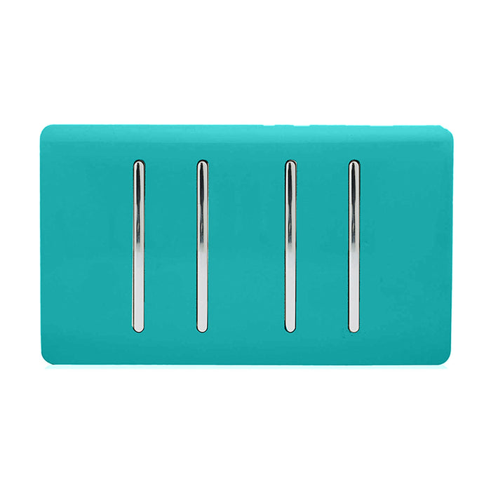 Trendi, Artistic Modern 4 Gang  (1x 2 Way 3x 3 Way Intermediate Twin Plate) Bright Teal, BRITISH MADE, (25mm Back Box Required), 5yrs Warranty • ART-SS2999BT