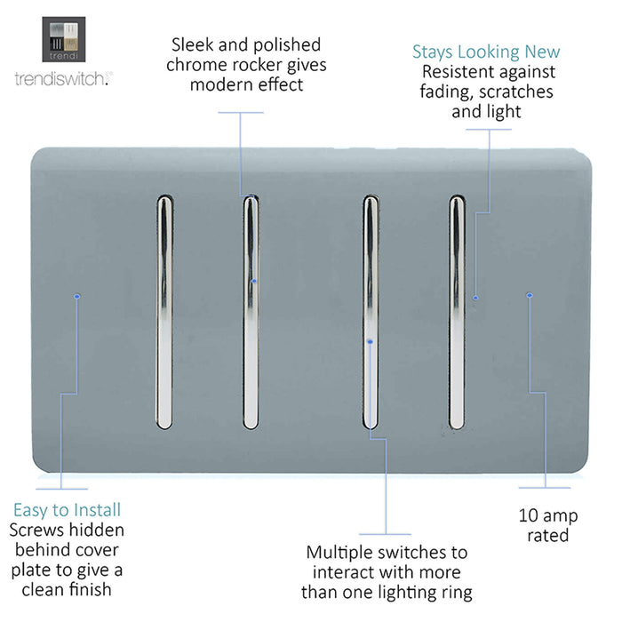 Trendi, Artistic Modern 4 Gang  (3x 2 Way 1x 3 Way Intermediate Twin Plate) Cool Grey Finish, BRITISH MADE, (25mm Back Box Required), 5yrs Warranty • ART-SS2229CG