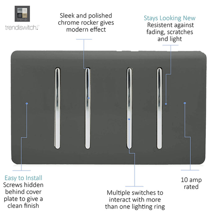 Trendi, Artistic Modern 4 Gang  (3x 2 Way 1x 3 Way Intermediate Twin Plate) Charcoal Finish, BRITISH MADE, (25mm Back Box Required), 5yrs Warranty • ART-SS2229CH